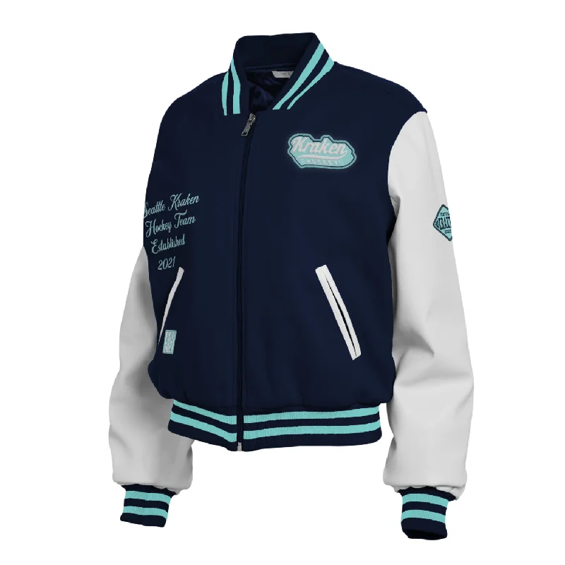 Seattle Kraken WEAR by Erin Andrews Varsity Jacket Notch Collar Jacket Peter Pan Collar Jacket Cowl Neck Jacket Seattle Kraken WEAR by Erin Andrews Varsity Jacket Notch Collar Jacket Peter Pan Collar Jacket Cowl Neck Jacket