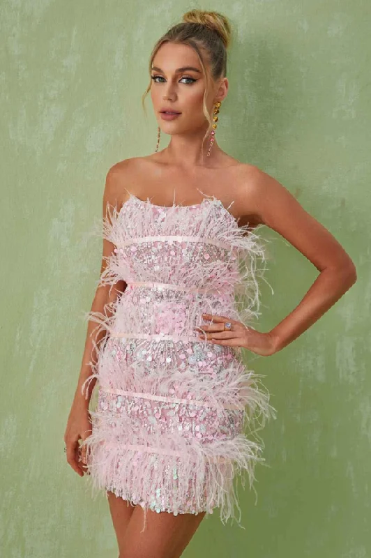 Senara Strapless Sequin Feather Mini Dress Fashionable Lace Mini Dress