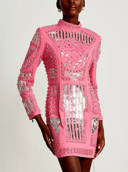 Sequin and Bead-Embellished Hot Pink Mini Dress Cozy Ribbed Mini Dress