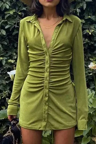 Sexy Green Shirt Long Sleeve Mini Dress Comfortable Boho Mini Dress