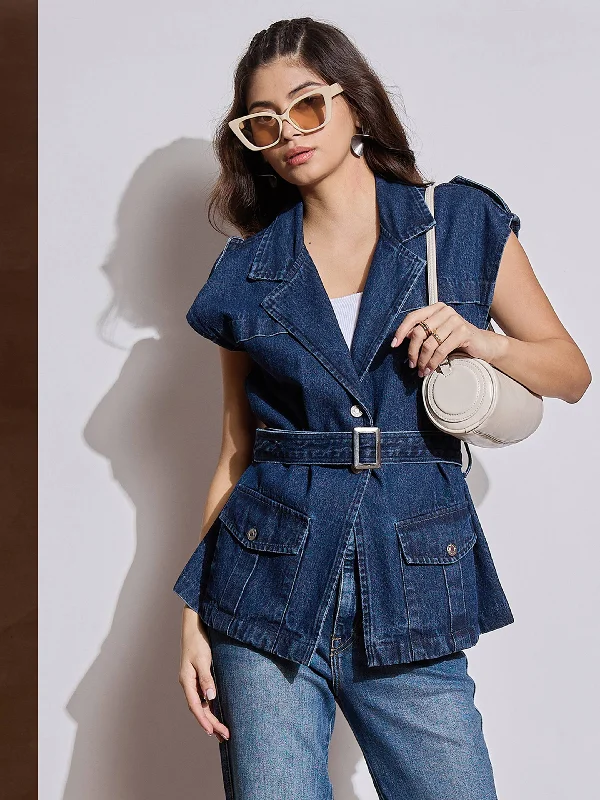 Women Blue Washed Pocket Detail Sleeveless Belted Jacket Plaid Jacket Tartan Jacket Houndstooth Jacket