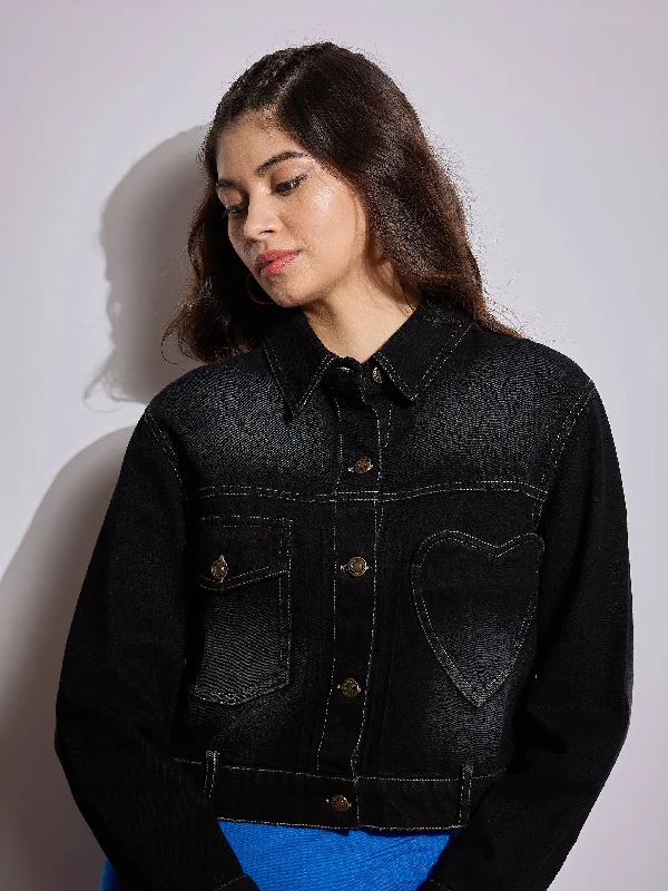 Women Black Denim Heart Pockets Crop Jacket Welt Pockets Slit Pockets Flap Pockets