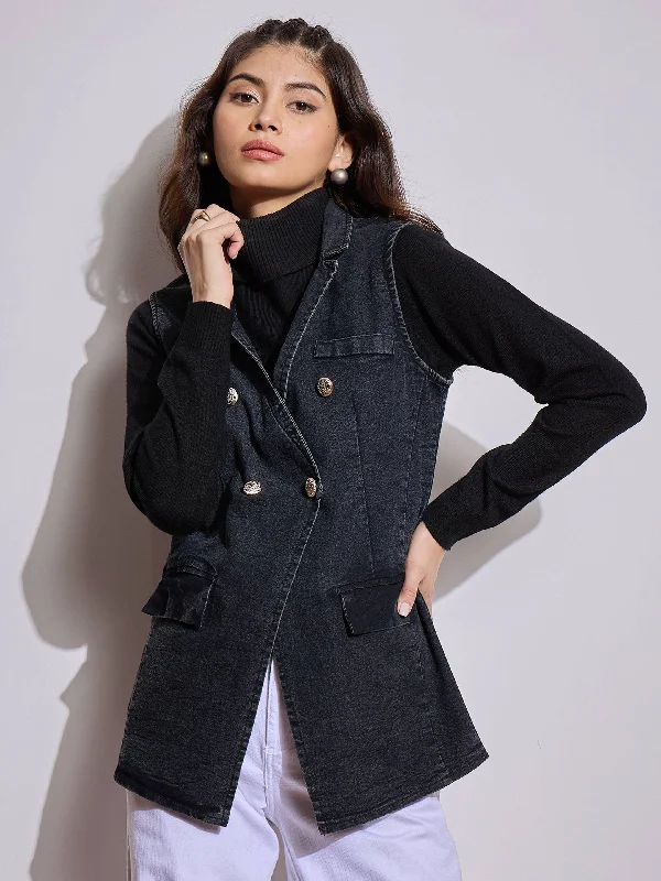 Women Black Denim Flap Pocket Sleeveless Jacket Print Jacket Jacquard Jacket Embroidered Jacket