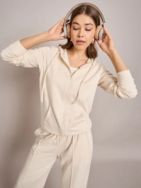 Women Off White Terry Hoodie Jacket Tailored Jacket Straight Jacket A-Line Jacket