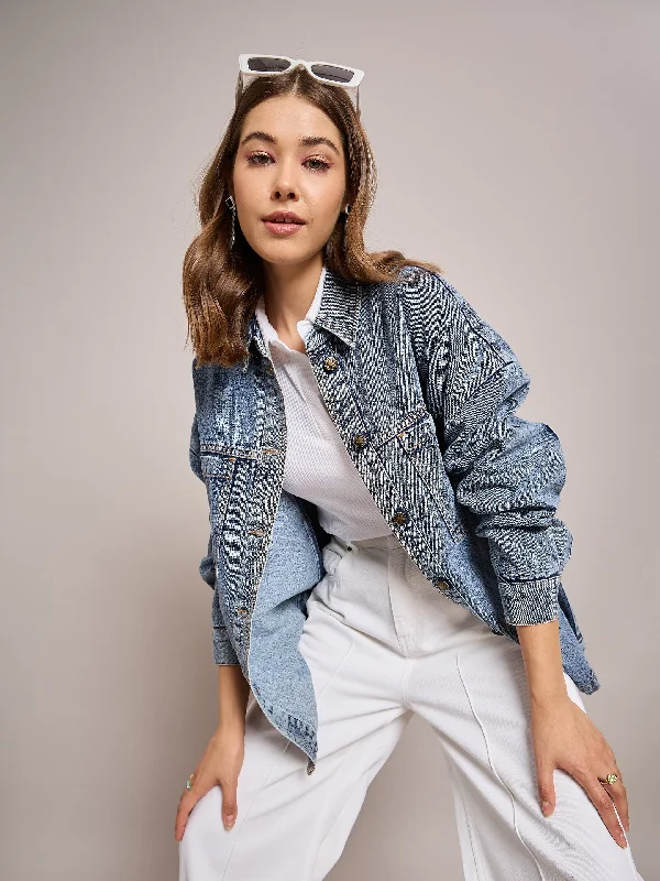 Women Blue Denim Oversized Jacket Herringbone Jacket Houndstooth Jacket Plaid Jacket