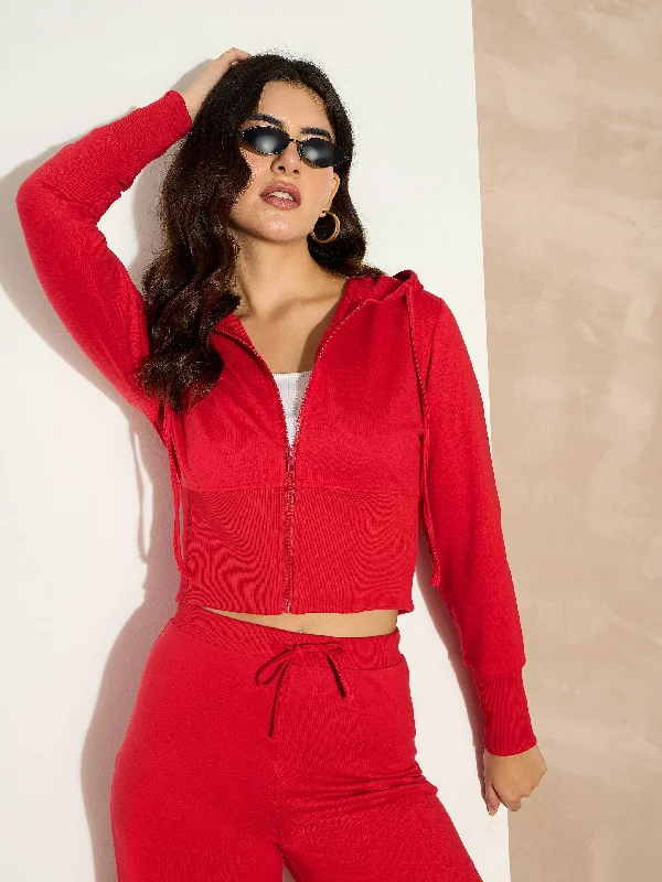 Women Red Terry Front Zipper Crop Jacket Bomber Jacket Anorak Windbreaker