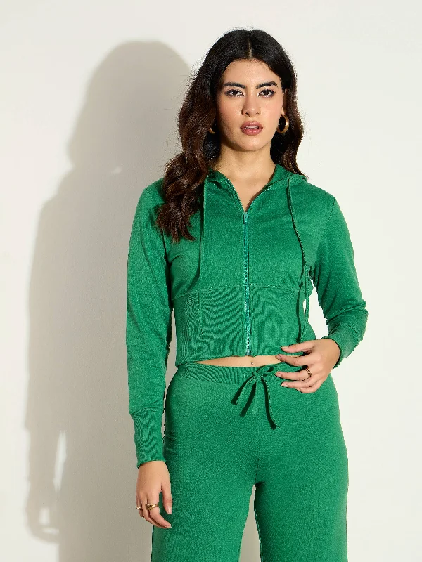 Women Green Terry Front Zipper Crop Jacket Nylon Fabric Polyester Fabric Spandex Fabric Women Green Terry Front Zipper Crop Jacket Nylon Fabric Polyester Fabric Spandex Fabric