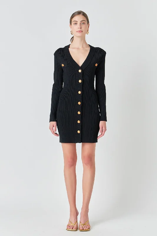 Endless Rose - Shank Button V-Neckline Knit Mini Dress Trendy Off-Shoulder Dress Mini