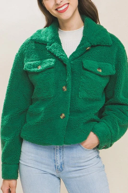 Sherpa Solid Jacket with Pockets Boat Neck Shawl Collar Notched Collar