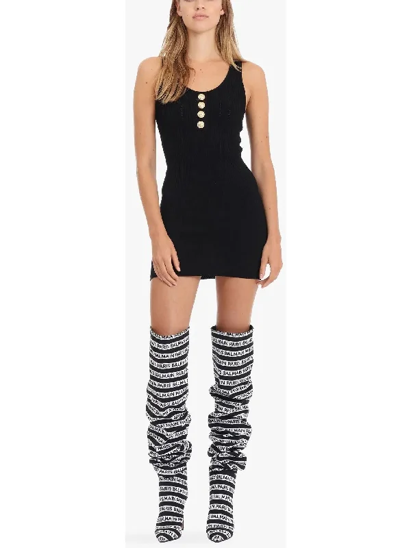 Sleeveless Button Detail Knit Mini Dress Cozy Cotton Mini Dress
