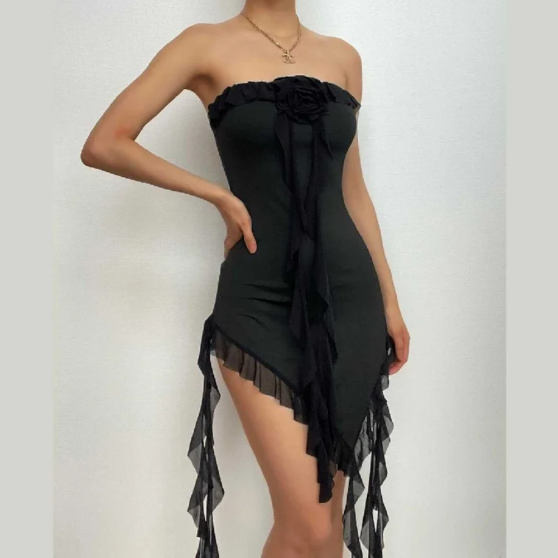 Solid halter ribbon backless ruffle flower applique irregular mini dress Trendy Lace Mini Dress Solid halter ribbon backless ruffle flower applique irregular mini dress Trendy Lace Mini Dress
