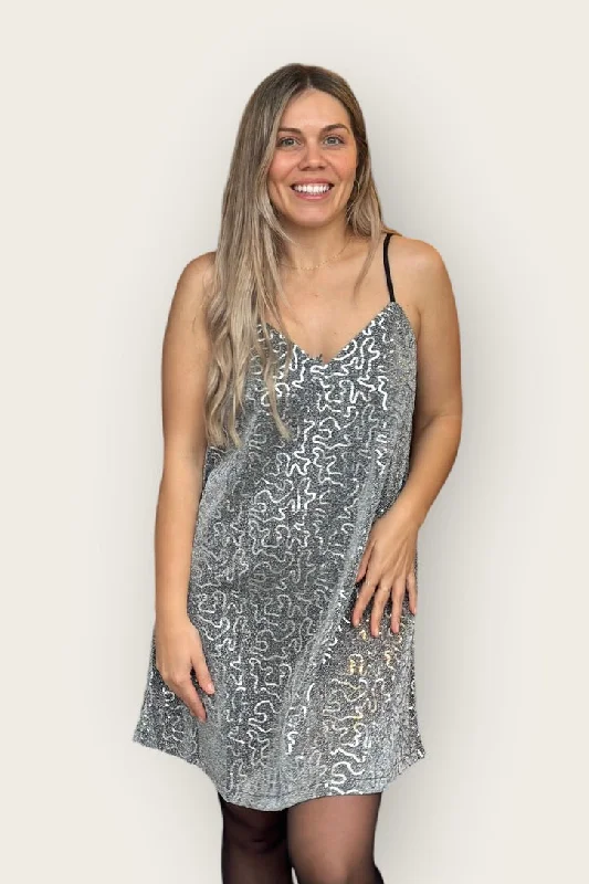 Sparkle Mini Dress Silver Elegant Satin Mini Dress
