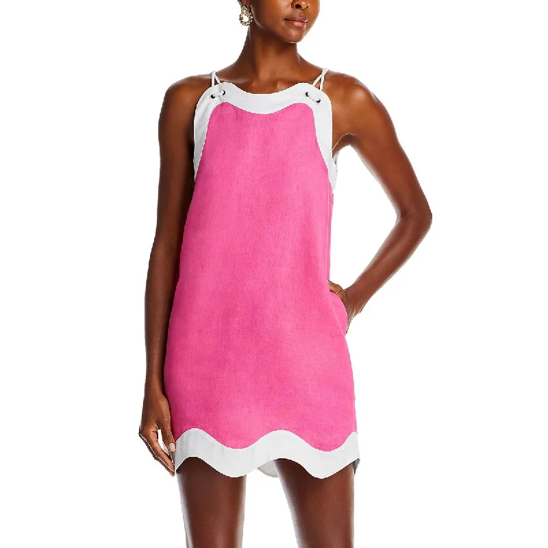 STAUD Womens Renata Linen Short Mini Dress Cozy Knitted Mini Dress