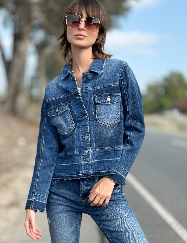 Step-Up Denim Jacket Hooded Jacket Caped Jacket Shawl Collar Jacket