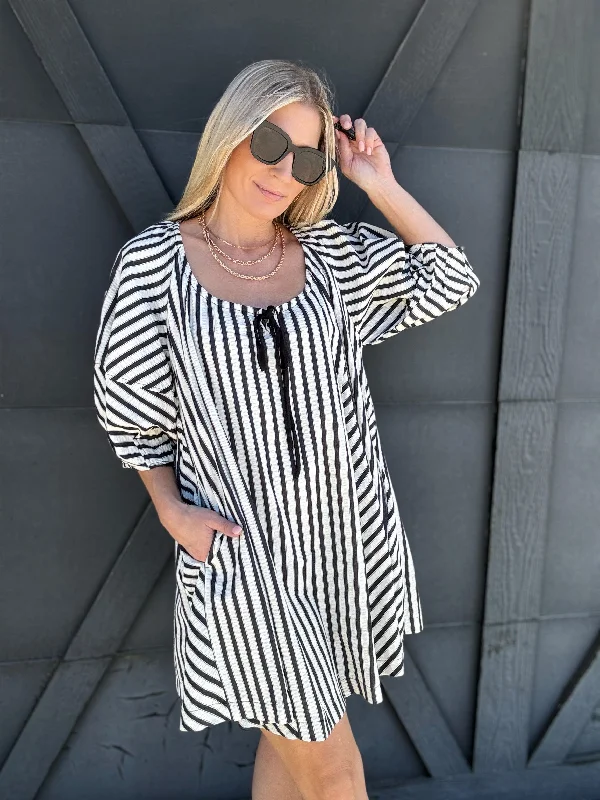 Stripe Drop Shoulder Mini Dress In Black Classic Striped Mini Dress