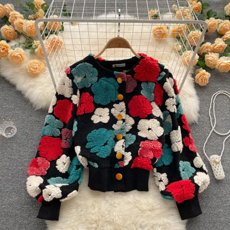 Three-dimensional temperament slim single-breasted cardigan jacket (CL10884) Boat Neck Shawl Collar Notched Collar