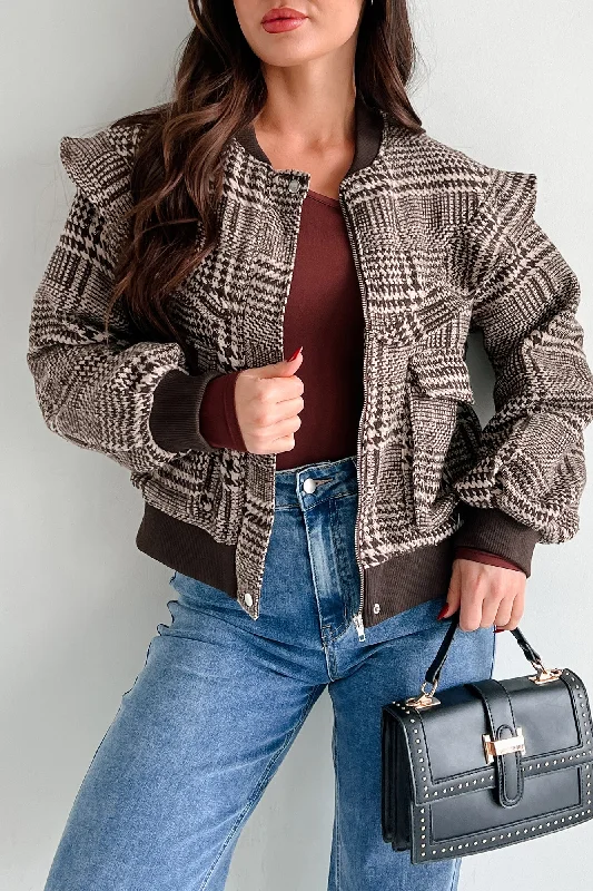 True Trailblazer Plaid Ruffle Bomber Jacket (Brown) Denim Jacket Leather Jacket Suede Jacket