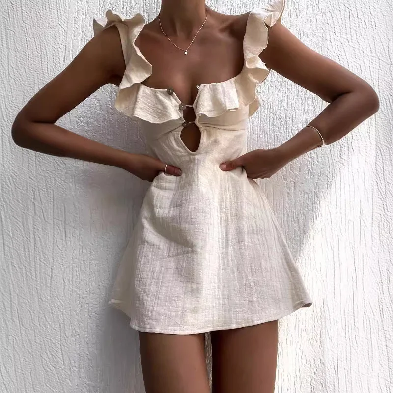 U-Neck Lotus Leaf Lace Short Mini Dress Stylish Button-Down Mini Dress