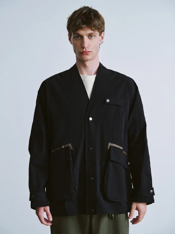 V-Neck Oversized Jacket Front Pockets Side Pockets Patch Pockets