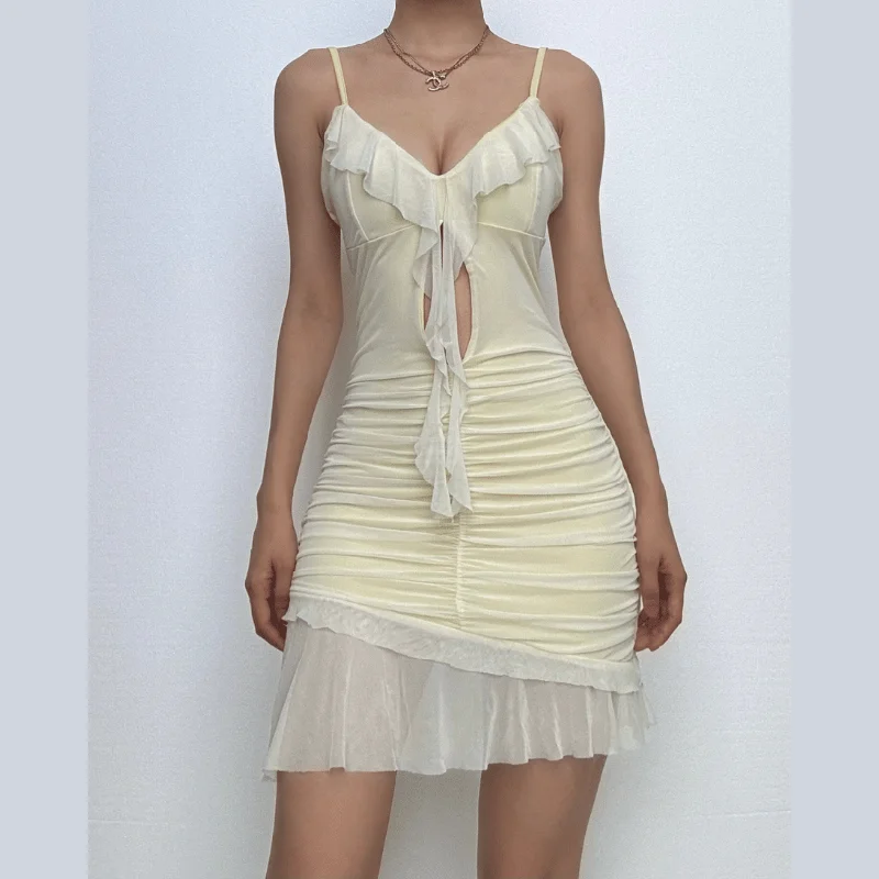V neck ruffle hollow out ruched mesh cami cut out mini dress Elegant Tulle Mini Dress
