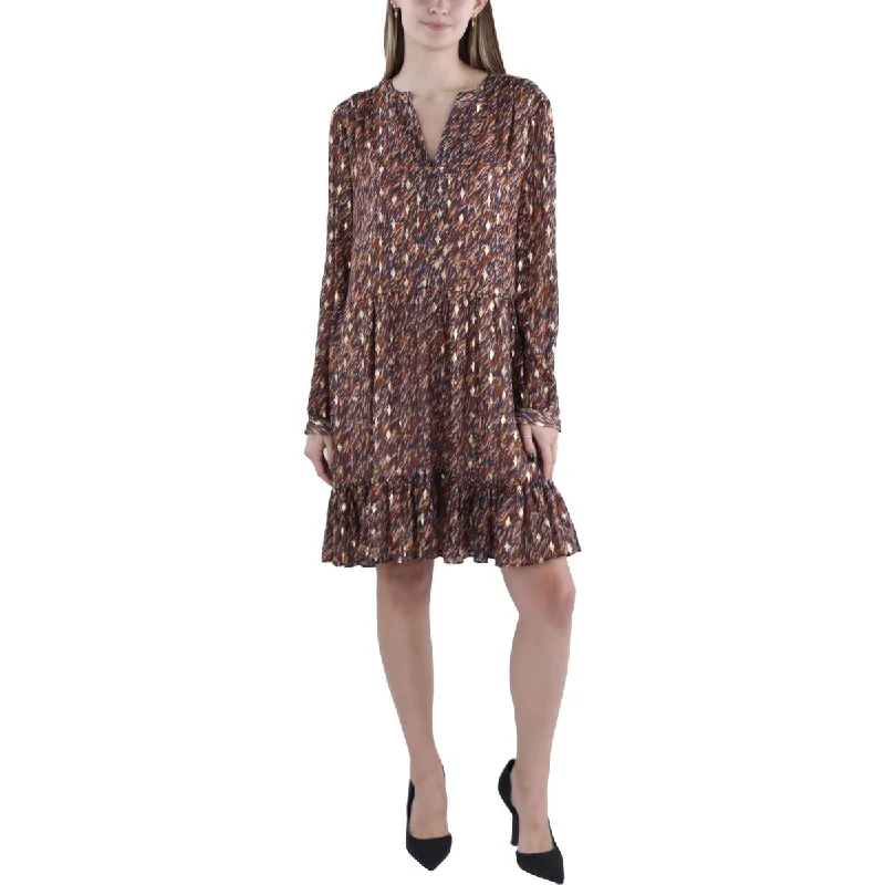 Vince Camuto Womens Metallic Split Neck Mini Dress Elegant Mini Dress with Ruffles