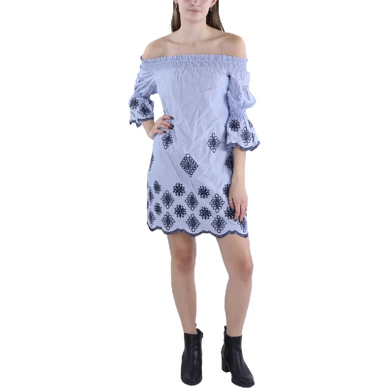 Vince Camuto Womens Off-The-Shoulder Embroidered Mini Dress Cozy Long Sleeve Mini Dress