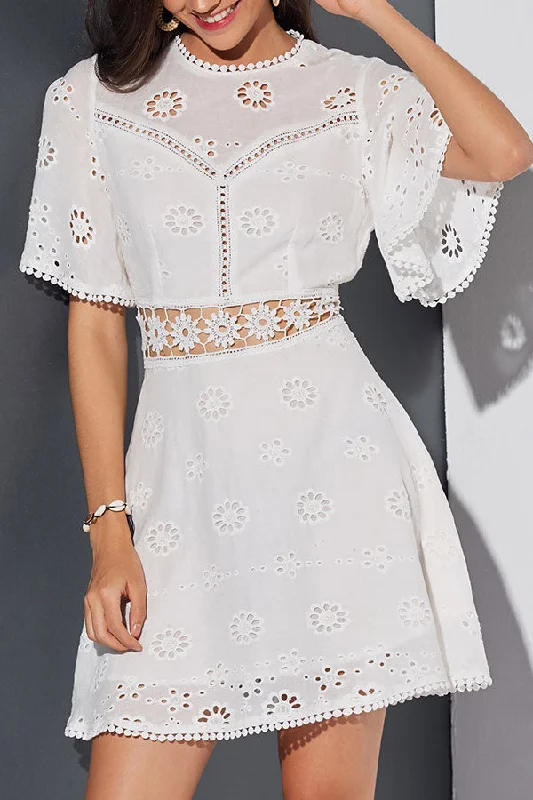 White Cut Out Lace Panel Mini Dress Comfortable Fit-and-Flare Mini Dress