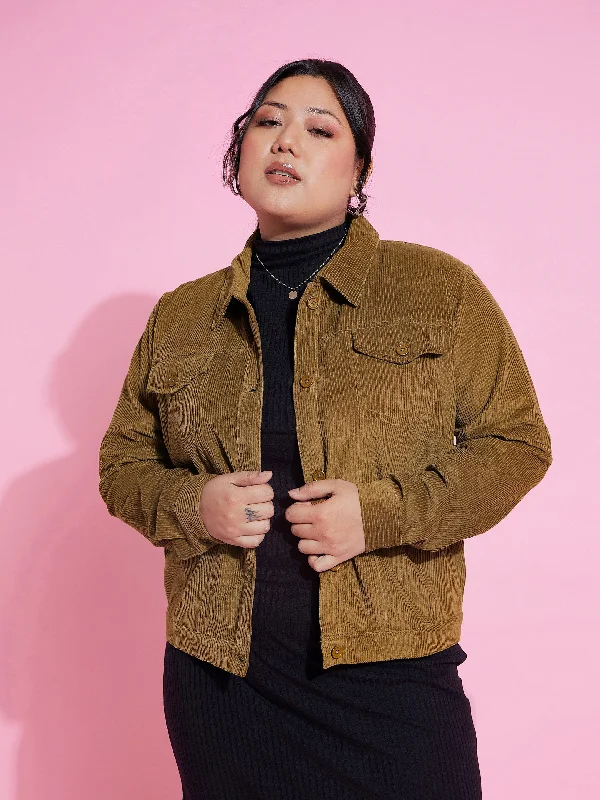 Women Beige Corduroy Button Jacket Knit Jacket Woven Jacket Fleece Jacket