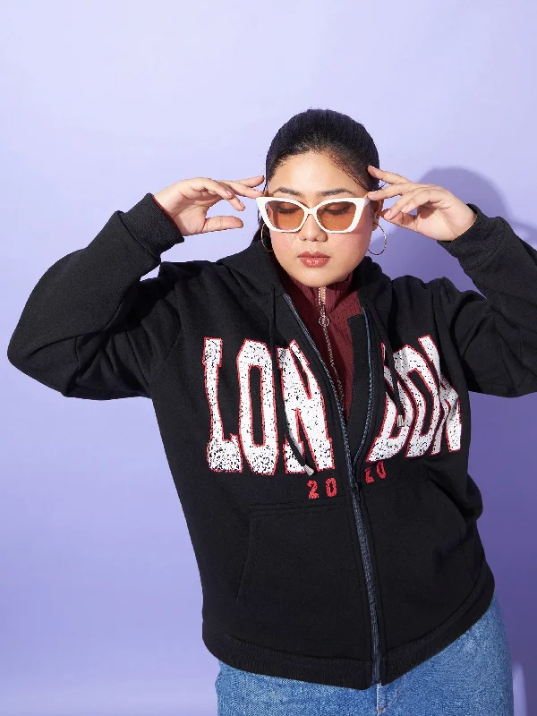 Women Black LONDON Printed Fleece Zipper Jacket Collared Jacket Crew Neck Jacket Turtle Neck Jacket