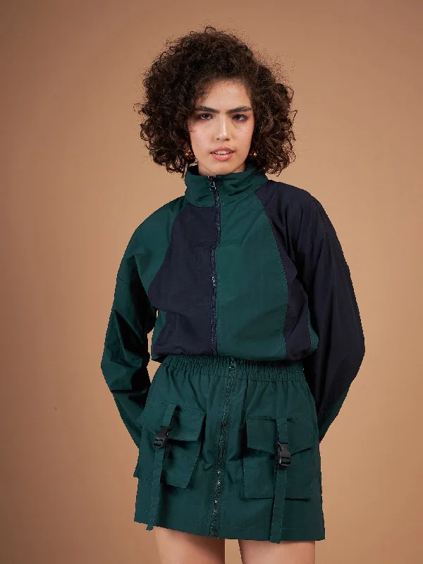 Women Green ColourBlock Parachute Zipper Jacket Cardigan Sweater Pullover