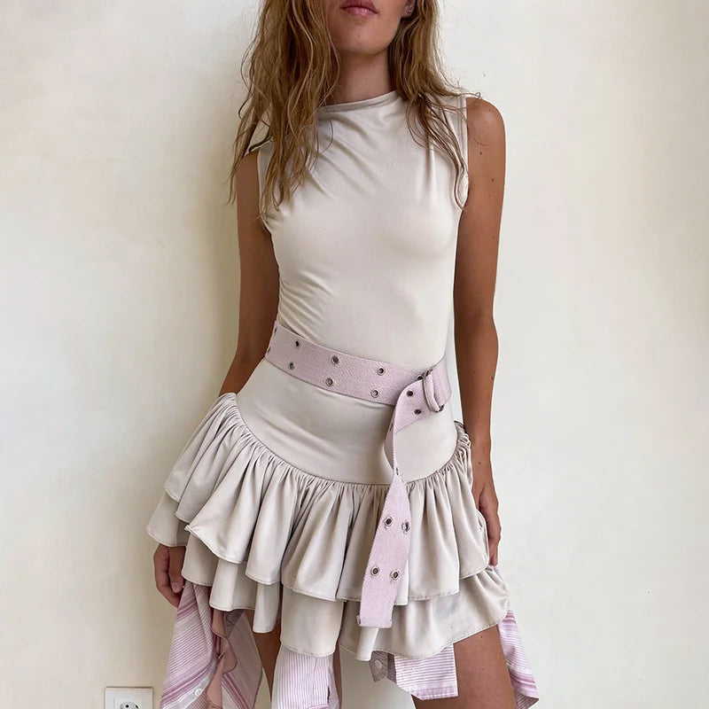 Women Layered Ruffle Hem Mini Dress Sleeveless Slim Tiered Tank Dress Y2K Aesthetic Round Neck Bodycon Puffy Short Sundress Cozy Knit Mini Dress