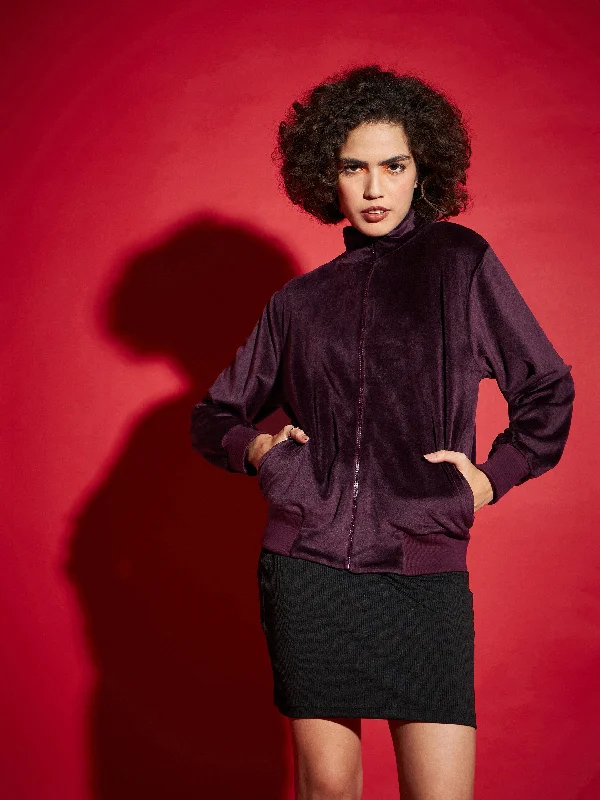 Women Maroon Velour Zipper Jacket Appliqued Jacket Beaded Jacket Sequined Jacket