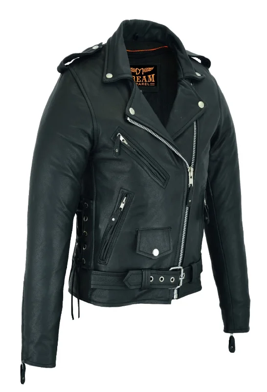 Women Motorcycle Classic Leather Jacket Premier Cowhide Leather Gun Pockets Side Laces Insulated Jacket Fitted Jacket Loose Jacket