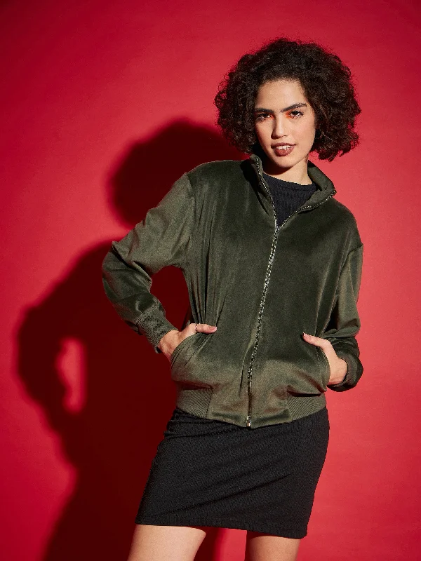 Women Olive Velour Zipper Jacket Faux Fur Fabric Real Fur Fabric Shearling Fabric