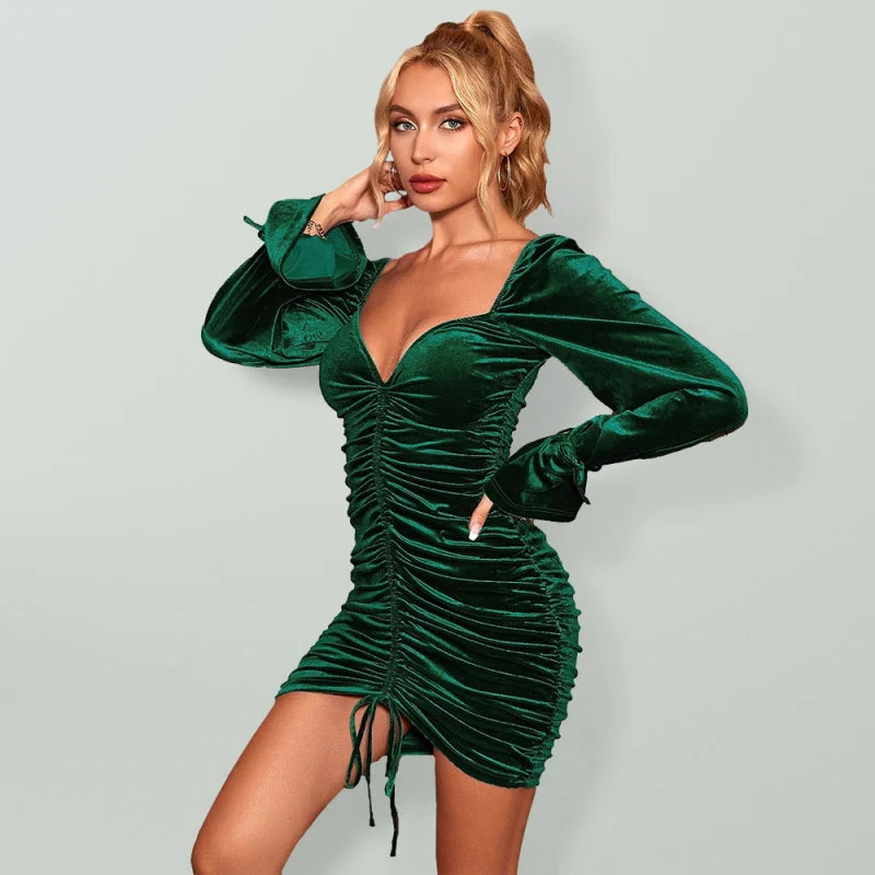 Women’s Ruched Sweetheart Neckline With Puff Sleeve And Bell Cuffs Velvet Mini Dress Fashionable Pleated Mini Dress