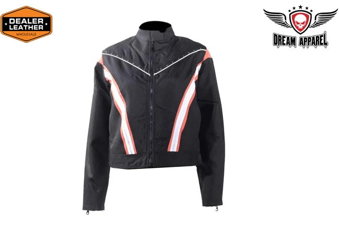 Women's Black Lightweight Racer Style Textile Jacket - Orange/White Strips And Studs Print Jacket Jacquard Jacket Patchwork Jacket