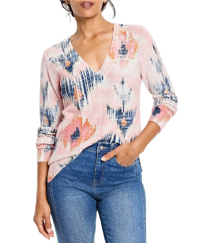 Abstract Floral Waffle Stitch V-Neck Sweater In Pink Multi Houndstooth Herringbone Solid