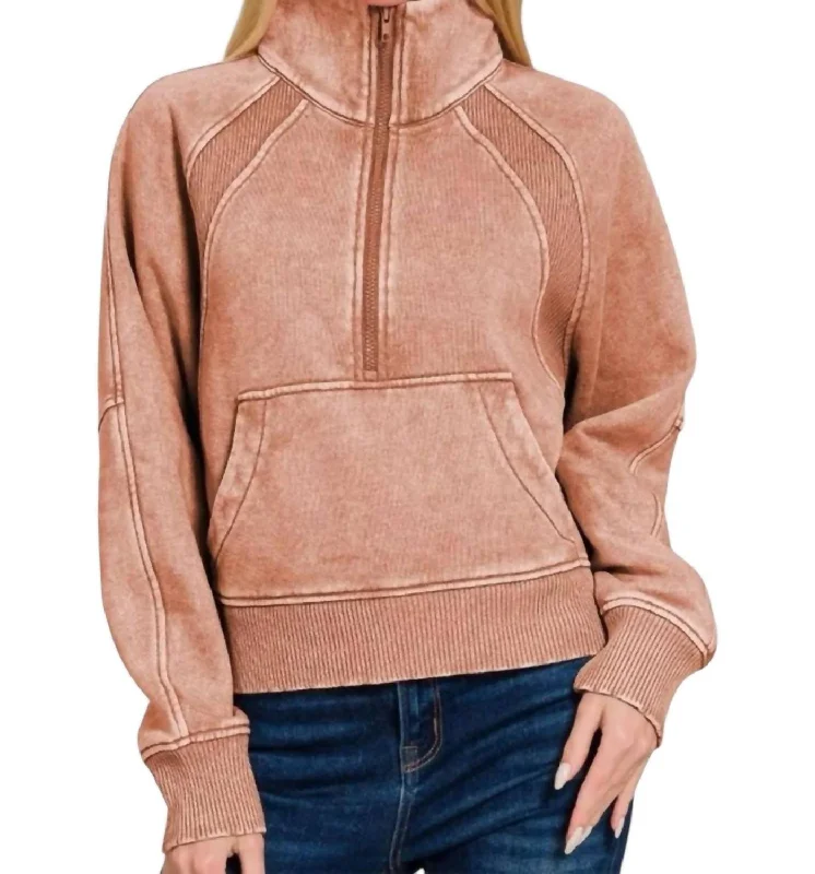 Alice Half Zip Fleece Pullover Sweater In Rust Satin Fabric Silk Fabric Chiffon Fabric