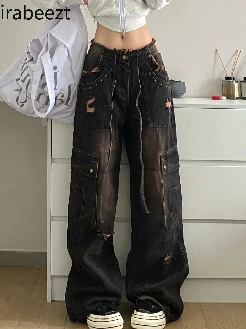 American Plus Size Vintage Washed Raw Edge Cargo Jeans Pocket Fashion High Street Classic Slim Fit Jeans American Plus Size Vintage Washed Raw Edge Cargo Jeans Pocket Fashion High Street Classic Slim Fit Jeans