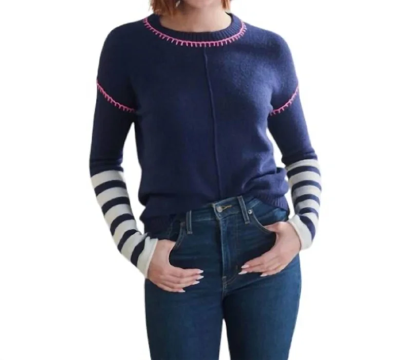 Avery Sweater In Navy Chenille Brocade Lace