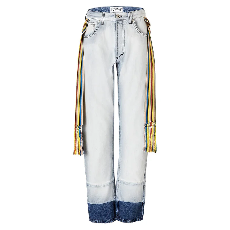 Loewe Women's Straight Leg Cotton Jeans in Light Blue with Rainbow accent Comfortable Drawstring Waist Jeans