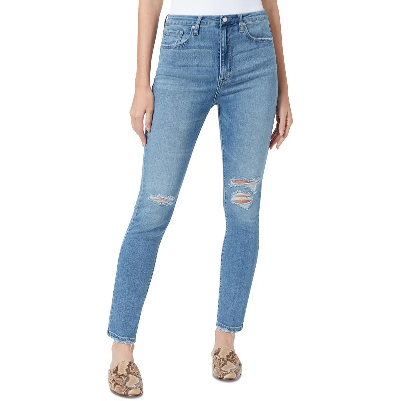 Womens Ripped High Rise Skinny Jeans Chic Double Waistband Jeans
