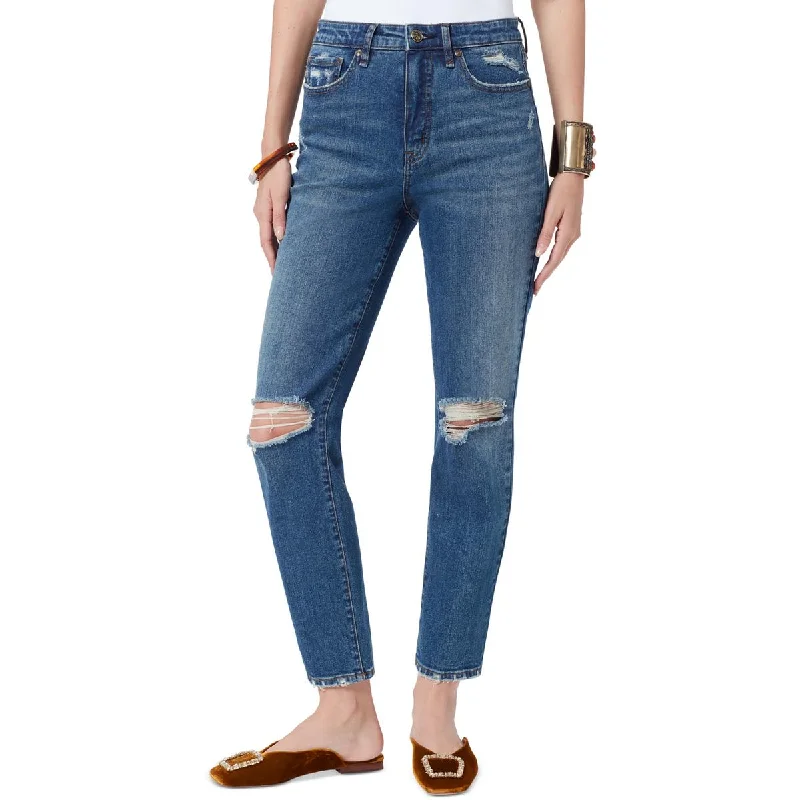 Womens High-Rise Slim Straight Leg Jeans Comfortable Drawstring Waist Jeans