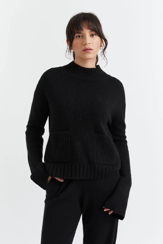Black Cashmere Patch Pocket Sweater Spandex Rayon Corduroy