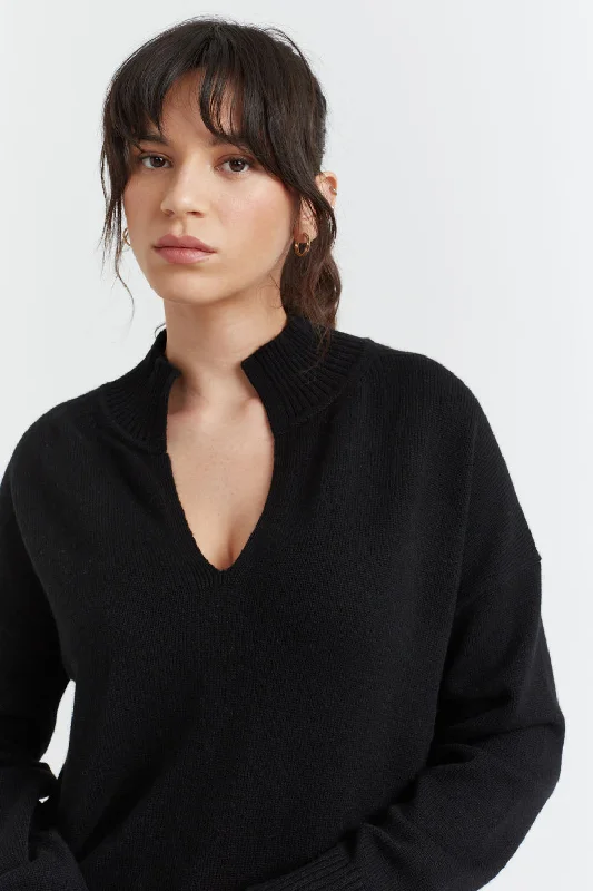 Black Cashmere V-Neck Funnel Sweater Transparent Opaque Sheer