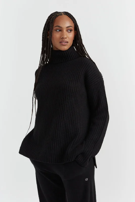 Black Rib-Knit Cashmere Rollneck Sweater Knit Fabric Woven Fabric Fleece Fabric