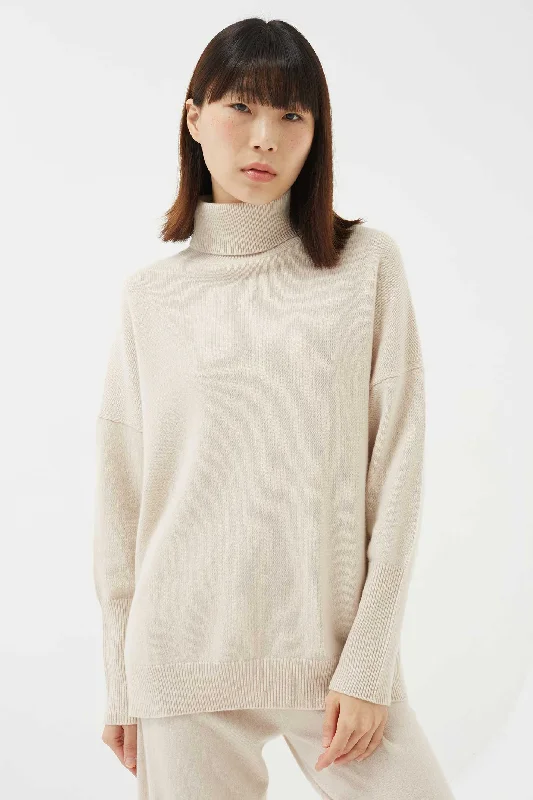 Bone Cashmere Rollneck Sweater Zippered Buttoned Snapped