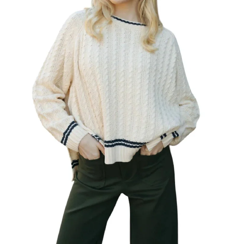 Cable Contrast Sweater In Ivory Satin Blend Silk Blend Wool Blend