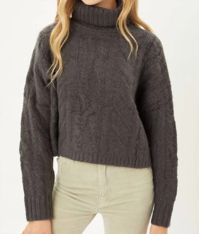 Cable Knit Short Turtleneck Sweater In Charcoal Solid Color Striped Floral Print