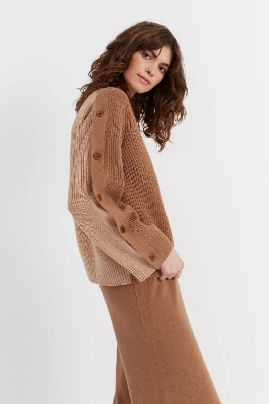 Camel Wool-Cashmere Bessie Button Sweater Graphic Sweater Embroidered Appliqued